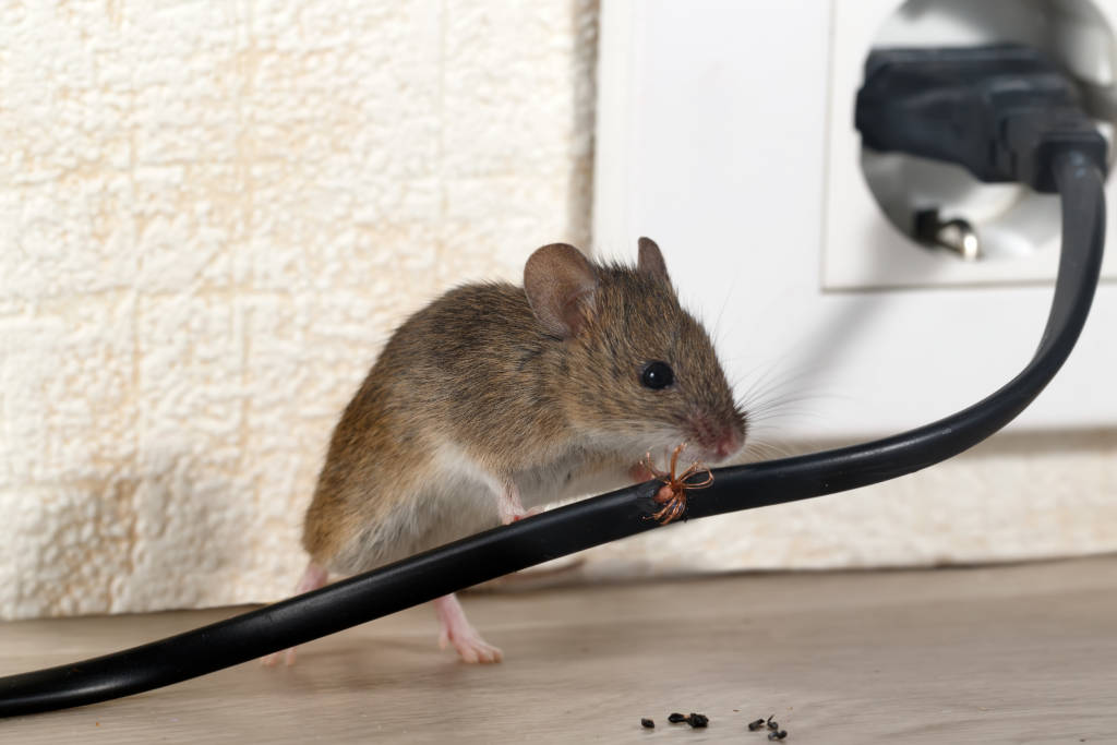 Brown mouse chewing electrical cord near outlet, showing rodent infestation fire hazard.