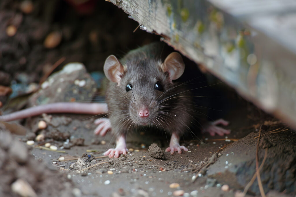 Dark brown rat hiding under deck board in dirt, pest removal concern
