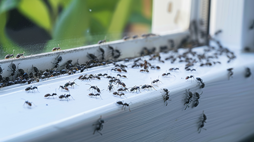 Black ants swarming on a white windowsill near window frame